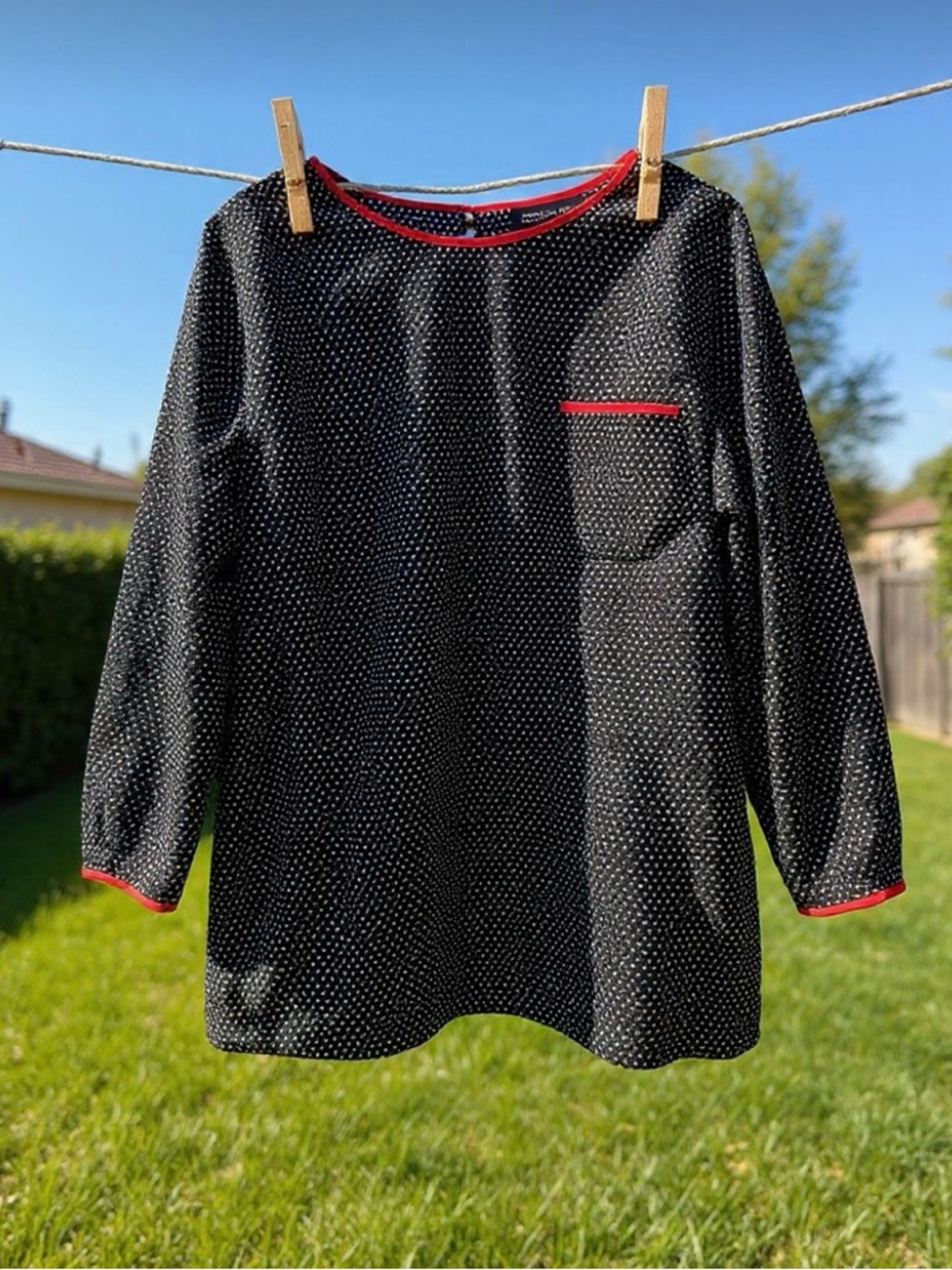 Jones New York Black Polka Dot Blouse with Red Trim PTP 23”, L 26”